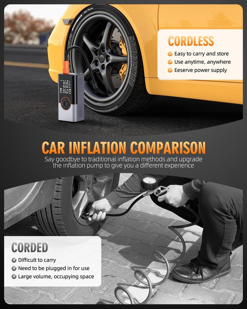 KUXISA Tire Inflator Portable Air Compressor, 150 PSI Air Pump with Digital Pressure Gauge, LED Light and Auto Shut-Off Function, Cordless Air Compressor for Car, Motorcycle, Bicycle, Ball - Image 2
